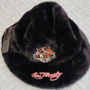 Ed Hardy Black Faux Fur Beanie with Embroidery